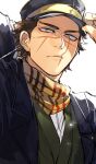  1boy adjusting_clothes adjusting_headwear black_hair glint golden_kamuy hat highres kepi looking_at_viewer male_focus military_hat oziozi_kamuy scar scar_on_face scar_on_mouth scar_on_nose scarf simple_background solo sugimoto_saichi upper_body white_background yellow_eyes yellow_scarf 