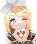  1girl backlighting bangs blonde_hair bloom blue_eyes blurry bow depth_of_field detached_sleeves eyelashes gouya_daifuku grin hair_bow hair_ornament hairclip hands_together headphones headset heart heart_hands highres kagamine_rin looking_at_viewer number_tattoo one_eye_closed pale_skin sailor_collar shoulder_tattoo smile solo swept_bangs tattoo vocaloid 