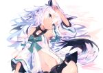  1girl absurdres animal_ears aqua_eyes bangs bare_shoulders bow detached_sleeves fox_ears fox_girl fox_tail hair_between_eyes hair_down highres hololive kaamin_(mariarose753) long_hair looking_at_viewer lying midriff miniskirt navel on_back shirakami_fubuki simple_background skirt solo tail virtual_youtuber white_hair 