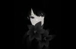 1girl bangs black_background black_hair covered_mouth empty_eyes face flower hair_ornament hairpin horror_(theme) idolmaster idolmaster_shiny_colors kazano_hiori lily_(flower) looking_away monochrome simple_background skanda0heaven solo upper_body 