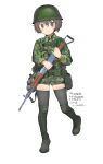  1girl black_footwear black_thighhighs brown_eyes brown_hair full_body gun helmet highres holding holding_gun holding_weapon military military_uniform original short_hair simple_background solo thigh-highs uniform weapon white_background zhongye_yu 