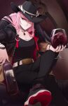  1girl alcohol bangs belt_buckle bottle buckle cowboy_hat cup drinking_glass eyebrows_visible_through_hair hat highres holding hololive hololive_english jewelry long_hair m._lee_lunsford mori_calliope necklace pink_eyes pink_hair skull smile solo spikes virtual_youtuber wine wine_bottle wine_glass 