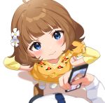  1boy 1girl :i ahoge bangs blue_eyes blurry blush brown_hair cellphone_picture floral_print hair_ornament hands_on_hips idolmaster idolmaster_million_live! idolmaster_million_live!_theater_days inuyama_nanami looking_at_viewer looking_up pout producer_(idolmaster) shadow short_hair simple_background solo_focus suou_momoko v-shaped_eyebrows white_background 