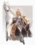  1girl :d absurdres animal_ear_fluff animal_ears arknights armor bangs blemishine_(arknights) blonde_hair breastplate extra_ears full_body fur_trim greaves highres holding holding_shield holding_weapon horse horse_ears horse_girl horse_tail long_hair looking_at_viewer lyas open_mouth plate_armor shield smile solo tail vambraces weapon white_background yellow_eyes 