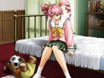  1girl ball bed blush book closet drill_hair frown game_cg hair_ribbon horibe_hiderou nagumo_chiaki on_bed pink_hair ribbon shelf short_hair shuusaku sitting sitting_on_bed soccer_ball stuffed_animal stuffed_toy teddy_bear twin_drills uniform 