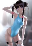  1girl arm_up armpits bangs bare_shoulders black_hair blue_swimsuit blush breasts commentary_request competition_swimsuit cowboy_shot double_bun elbow_gloves garter_straps gloves hair_bobbles hair_ornament highleg highleg_swimsuit highres long_hair looking_at_viewer medium_breasts one-piece_swimsuit original sidelocks simple_background skindentation smile solo swimsuit thigh-highs thigh_strap thighs violet_eyes wa_(genryusui) 