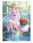  1girl alternate_costume angel_beats! apple basket day dress food forest frilled_dress frills fruit full_body goto_p hat highres long_hair looking_at_viewer nature outdoors silver_hair sitting smile soaking_feet solo straw_hat tachibana_kanade tree water white_dress yellow_eyes 