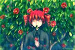  1girl ahoge blue_shirt bush camellia commentary dated drill_hair flower highres holding holding_flower holding_petal kasane_teto leaf looking_at_viewer mouth_hold noshita petals red_eyes red_flower redhead shirt short_hair solo standing twin_drills twitter_username upper_body utau yellow_pupils 