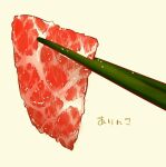  arinko_(a_ringo_hoppe) artist_name beef chopsticks commentary_request food food_focus jpeg_artifacts meat no_humans original shiny signature simple_background still_life translation_request twitter_username yellow_background 