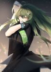  1girl antenna_hair arknights arms_behind_head arms_up bangs black_dress black_gloves dress from_side gavial_(arknights) gloves green_hair hair_between_eyes hair_ornament highres infection_monitor_(arknights) jacket long_hair looking_at_viewer looking_to_the_side ozeu354 pointy_ears shirt sidelocks smile solo v-shaped_eyebrows yellow_eyes 