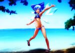  1girl arm_up armpits bangs bare_shoulders bikini blue_bikini blue_bow blue_eyes blue_footwear blue_hair blue_sky blue_theme blue_wings blurry blurry_background blush bow bow_bikini breasts cirno collar collared_bikini commentary_request dark_skin dark-skinned_female eyebrows_visible_through_hair full_body gradient_sky hair_bow happy horizon ice ice_wings katsura_dendou leg_up looking_at_viewer navel neck_ribbon ocean open_mouth outstretched_arm red_neckwear red_ribbon ribbon sandals shiny shiny_hair short_hair sidelocks sky small_breasts smile solo standing standing_on_one_leg stomach swimsuit tanned_cirno teeth touhou tree water wings 