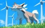  blue_eyes closed_mouth clouds commentary_request day from_below gen_7_pokemon grass highres lycanroc lycanroc_(midday) no_humans one-hour_drawing_challenge outdoors pokemon pokemon_(creature) rend sky solo standing wind_turbine 