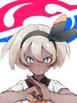  1girl absurdres bangs bea_(pokemon) black_hairband blonde_hair blush bow_hairband clenched_hand closed_mouth collared_shirt commentary_request dark_skin dark-skinned_female eyelashes gym_leader hair_between_eyes hairband hands_up highres looking_at_viewer necoski_2 pokemon pokemon_(game) pokemon_swsh print_shirt shirt short_hair short_sleeves solo 