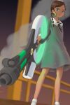  1girl absurdres aonuma_neiru blurry blurry_background bow braid brown_hair dark_skin dark-skinned_female dress green_eyes grey_dress gun hair_bow hair_ornament hairclip highres holding holding_gun holding_weapon outdoors smoke socks solo standing weapon white_bow white_legwear wonder_egg_priority yoshinariyoshida 