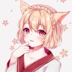  1girl animal_ears blonde_hair blush braid cat_ears cat_girl collarbone crown_braid eyebrows_visible_through_hair facial_mark final_fantasy final_fantasy_xiv floral_background hand_on_own_chin hand_up highres looking_at_viewer miqo&#039;te open_mouth red_eyes shiro_kanae short_hair smile solo 