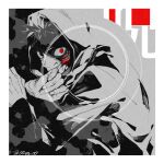  1boy blood blood_on_face border extra_eyes extra_mouth four-kunn greyscale hands_up highres hood hood_up itadori_yuuji jujutsu_kaisen looking_at_viewer male_focus monochrome open_mouth red_eyes ryoumen_sukuna_(jujutsu_kaisen) short_hair smile solo spot_color twitter_username upper_body white_border 