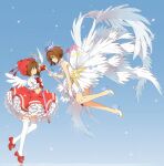  2girls blue_background bow brown_hair cardcaptor_sakura crown dress dual_persona eye_contact feathered_wings gloves green_eyes hakusai_(tiahszld) hat high_heels highres holding holding_wand kinomoto_sakura looking_at_another mini_crown multiple_girls pleated_dress profile puffy_short_sleeves puffy_sleeves red_bow red_dress red_footwear red_headwear shirt shoes short_sleeves sleeveless sleeveless_dress thigh-highs wand white_dress white_footwear white_gloves white_legwear white_shirt white_wings wings 