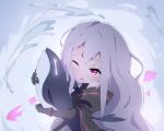  1girl :o arknights arm_up ascot bangs black_gloves black_neckwear breasts chibi chinese_commentary commentary_request flat_chest gloves hair_between_eyes holding holding_sword holding_weapon hug kiyagi111 long_hair one_eye_closed orca silver_hair skadi_(arknights) sword upper_body very_long_hair violet_eyes weapon 