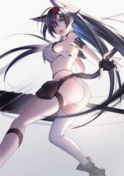  1girl :d animal_ears arknights ass bare_shoulders bikini black_hair blaze_(arknights) blue_eyes boots breasts cat_ears commentary feet_out_of_frame grey_background highres kernel_killer large_breasts long_hair looking_at_viewer open_mouth pouch single_thighhigh smile solo swimsuit thigh-highs thigh_strap thighs very_long_hair white_bikini white_legwear 