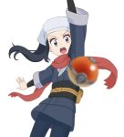  1girl absurdres arm_up black_hair black_legwear blurry commentary eyelashes female_protagonist_(pokemon_legends:_arceus) floating_hair floating_scarf grey_eyes head_scarf highres kurea_green looking_at_viewer open_mouth pantyhose poke_ball poke_ball_(legends) pokemon pokemon_(game) pokemon_legends:_arceus ponytail pouch red_scarf sash scarf simple_background solo teeth tongue white_background white_headwear 