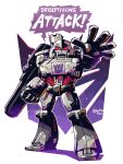  1boy arm_cannon cannon chibi clenched_hand colored_shadow decepticon english_text gun highres male_focus mecha megatron open_hand p38 rariatto_(ganguri) red_eyes shading shadow speech_bubble starry_background transformers twitter_username weapon white_background 