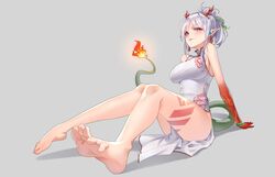  1girl absurdres aluo_7762 arknights bangs bare_legs bare_shoulders barefoot breasts china_dress chinese_clothes dress eyebrows_visible_through_hair fiery_tail grey_background highres horns large_breasts long_hair looking_at_viewer nian_(arknights) nian_(unfettered_freedom)_(arknights) official_alternate_costume parted_lips silver_hair simple_background sitting sleeveless sleeveless_dress smile solo tail thighs violet_eyes white_dress 