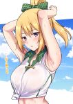  1girl absurdres armpits arms_up bangs bare_shoulders blonde_hair blue_sky blush bow breasts chloe_(princess_connect!) clouds collared_shirt commentary_request eyebrows_visible_through_hair green_background hair_between_eyes hair_bow high_ponytail highres looking_at_viewer medium_breasts midriff official_alternate_costume parted_lips plaid plaid_bow pointy_ears presenting_armpit princess_connect! princess_connect!_re:dive see-through shirt sidelocks sky sleeveless sleeveless_shirt solo standing sweat tied_shirt translation_request upper_body violet_eyes wet wet_clothes wet_shirt white_shirt yue_(show-ei) 