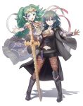  2girls :d armor bangs bare_shoulders black_armor black_cape black_footwear black_shirt black_shorts blue_eyes blue_hair blunt_bangs boots braid breasts brown_legwear byleth_(fire_emblem) byleth_eisner_(female) cape closed_mouth clothing_cutout commentary_request dagger dress emblem eyebrows_visible_through_hair fire_emblem fire_emblem:_three_houses floating floating_hair full_body green_eyes green_hair hair_between_eyes hair_ornament hair_ribbon highres holding holding_sword holding_weapon itsumiruka knee_boots large_breasts long_hair looking_at_viewer lower_teeth multiple_girls navel navel_cutout open_mouth pantyhose patterned_clothing pointy_ears purple_dress ribbon ribbon_braid shadow shirt short_shorts shorts side_braids sidelocks simple_background single_knee_pad sleeveless sleeveless_dress smile sothis_(fire_emblem) sparkle standing sword sword_of_the_creator tachi-e tassel tiara twin_braids vambraces weapon white_background 