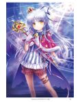  1girl alternate_costume angel_beats! angel_wings bell capelet contrapposto crown frilled_shorts frills fur-trimmed_capelet fur_trim gloves goto_p highres long_hair looking_at_viewer magical_girl mini_crown puffy_shorts red_capelet red_shorts shirt shorts silver_hair solo star_(symbol) star_print striped striped_shirt tachibana_kanade wand white_gloves white_wings wings yellow_eyes 