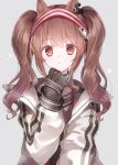  1girl :o a.a_(aa772) angelina_(arknights) animal_ears arknights bangs black_gloves blush brown_hair collar commentary_request eyebrows_visible_through_hair fox_ears gloves glowing hairband hand_up highres jacket long_hair long_sleeves looking_at_viewer open_clothes open_jacket parted_lips red_eyes red_hairband sidelocks simple_background solo twintails two-tone_hairband upper_body white_background white_jacket 