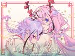  2others androgynous blue_hair braid branch commentary emu_(marico_w) flower gradient_hair hair_branch hair_flaps hair_flower hair_ornament head_on_another&#039;s_shoulder highres hug lips looking_at_viewer meika_hime meika_mikoto multicolored_hair multiple_others nail_polish pink_hair pink_nails plum_blossoms shirt sideways_glance smile twintails upper_body vocaloid white_shirt 