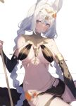  1girl animal_ears bandaged_arm bandages bare_shoulders blue_eyes blush braid breasts circlet egyptian_clothes kizuna_akari long_hair navel revealing_clothes solo sweatdrop twin_braids very_long_hair voiceroid white_hair zoruboi 