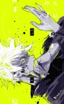  1boy absurdres blood blood_on_face covered_mouth four-kunn gojou_satoru greyscale hands_up high_collar highres jacket jujutsu_kaisen long_sleeves looking_at_viewer male_focus monochrome profile short_hair sideways_glance solo spot_color twitter_username upper_body yellow_background yellow_eyes 