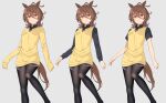  1girl agnes_tachyon_(umamusume) ahoge animal_ears bangs black_legwear black_shirt blush breasts brown_eyes brown_hair brown_sweater closed_mouth collared_shirt commentary_request eyebrows_visible_through_hair feet_out_of_frame gurande_(g-size) hair_between_eyes highres horse_ears horse_girl horse_tail long_sleeves looking_at_viewer multiple_views pantyhose shirt short_sleeves sleeves_past_fingers sleeves_past_wrists small_breasts smile sweater sweater_vest tail umamusume 