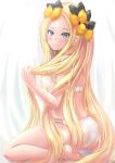 1girl abigail_williams_(fate) ass back bangs black_bow blonde_hair blue_eyes blush bow bra breasts fate/grand_order fate_(series) forehead hair_bow highres long_hair looking_at_viewer monochrome0226 multiple_bows orange_bow panties parted_bangs sidelocks sitting small_breasts smile underwear wariza white_bra white_panties