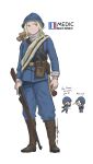  1girl absurdres ammunition_belt battlefield_1 blonde_hair crutch gloves gun helmet highres holding holding_weapon long_hair medic military military_uniform pouch rifle ryan_greythorn standing translation_request uniform weapon world_war_i 