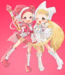  2girls :d ;d bangs blonde_hair boots brown_eyes double_bun dress earrings full_body gloves gotoh510 harukaze_doremi hat highres holding holding_wand jester_cap jewelry knee_boots long_hair looking_at_viewer low_twintails makihatayama_hana multiple_girls ojamajo_doremi one_eye_closed open_mouth outstretched_arm pink_background pink_dress pink_eyes pink_footwear pink_gloves pink_headwear pleated_dress pleated_skirt puffy_short_sleeves puffy_sleeves redhead short_hair short_sleeves skirt smile standing twintails very_long_hair wand white_dress white_footwear white_gloves white_headwear witch_hat 