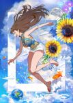  1girl absurdres bag barefoot blue_eyes breasts clouds earth_(planet) fish floating_hair flower from_side goldfish hair_behind_ear handbag highres jumping large_breasts looking_down nanase_miri open_hands open_mouth original paper_airplane planet red_nails sharp_teeth sky smile solo sun sunflower teeth 