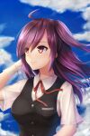  1girl absurdres ahoge black_vest blue_sky breasts clouds day gloves hagikaze_(kancolle) highres kantai_collection long_hair neck_ribbon one_side_up purple_hair red_ribbon ribbon seiya_(iiseven) shirt short_sleeves sky small_breasts smile solo upper_body vest violet_eyes white_gloves white_shirt 