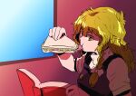  1girl blonde_hair book braid eating food gagamatsu holding holding_book holding_food kirisame_marisa medium_hair no_hat no_headwear reading sandwich single_braid solo touhou yellow_eyes 