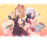  2girls :d alcremie alcremie_(strawberry_sweet) apron artist_name baking_sheet bare_shoulders black_hair blush bow buttons chef_hat closed_mouth hikari_(pokemon) dress eyelashes food fruit gen_5_pokemon gen_8_pokemon grey_eyes hair_bow hair_ornament hairclip hat holding light_brown_hair long_hair long_sleeves mootecky multiple_girls open_mouth oven_mitts pokemon pokemon_(creature) pokemon_(game) pokemon_masters_ex red_mittens serena_(pokemon) sidelocks smile strawberry tongue whimsicott white_headwear 