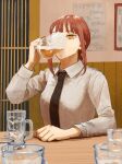  1girl alcohol beer black_neckwear braid braided_ponytail breasts chainsaw_man collared_shirt commentary cup dress_shirt drinking highres holding holding_cup indoors long_sleeves looking_at_viewer makima_(chainsaw_man) medium_breasts medium_hair nachanman76 necktie red_eyes redhead restaurant ringed_eyes shirt sitting solo table upper_body white_shirt 