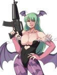  breasts demon_girl green_eyes green_hair gun hand_on_hip highres looking_at_viewer morrigan_aensland tina_fate vampire_(game) weapon wings 