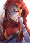  1girl akisyou78 armor asuna_(sao) bangs breasts brown_eyes brown_hair commentary gradient gradient_background hands_up highres hood leather long_hair long_sleeves looking_at_viewer open_mouth red_hood simple_background solo sword_art_online upper_body wet wet_hair white_background 
