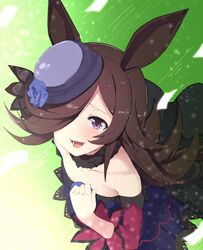  1girl :d animal_ears bangs bare_shoulders blue_flower blue_headwear blue_rose blush brown_hair collarbone commentary_request dress flower hair_over_one_eye hand_up hat hat_flower highres horse_ears long_hair noa_(nagareboshi) off-shoulder_dress off_shoulder open_mouth purple_dress rice_shower_(umamusume) rose smile solo tilted_headwear umamusume very_long_hair violet_eyes 