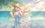  blonde_hair blue_eyes cup dress flower hat hat_flower highres holding holding_cup lexington_(warship_girls_r) lingmuqianyi ocean smile warship_girls_r 