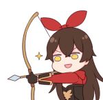  1girl :d amber_(genshin_impact) arrow_(projectile) bangs black_gloves bow_(weapon) brown_hair drawing_bow eyebrows_visible_through_hair genshin_impact gloves hair_between_eyes hair_ribbon holding holding_bow_(weapon) holding_weapon jacket long_hair long_sleeves open_mouth red_jacket red_ribbon ribbon sansei_rain simple_background smile solo sparkle upper_body v-shaped_eyebrows very_long_hair weapon white_background yellow_eyes 