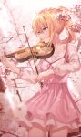  1girl absurdres blonde_hair cherry_blossoms commentary_request day highres holding instrument long_hair looking_to_the_side miyazono_kawori music outdoors pink_skirt playing_instrument ponytail shigatsu_wa_kimi_no_uso shirt skirt solo tokkyu violin 