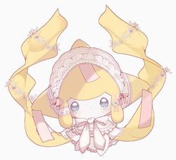  blush bonnet closed_mouth clothed_pokemon commentary_request frills full_body gen_3_pokemon grey_eyes head_tilt jirachi looking_at_viewer mythical_pokemon no_humans pokemon pokemon_(creature) remon_(920moomin) ribbon simple_background solo white_background 