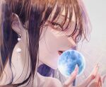  1girl bangs bare_shoulders brown_eyes close-up earrings eyebrows_behind_hair hair_behind_ear hands_together jewelry jiao_fulun looking_to_the_side open_hand open_mouth orb original solo upper_body 